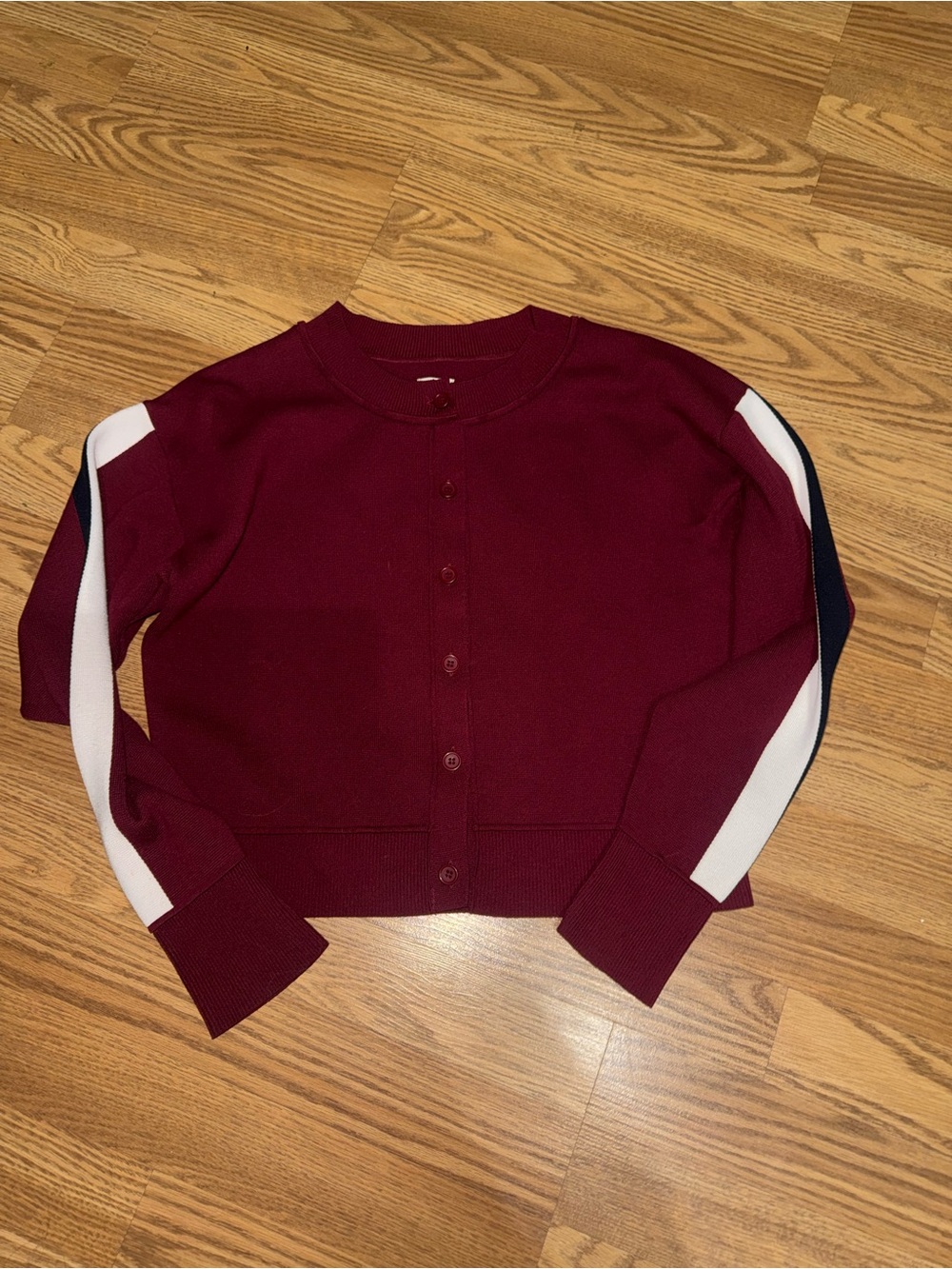 NWOT Maeve Anthropologie Side Stripe Burgundy Button-Front Sweater Cardigan - Picture 2 of 5